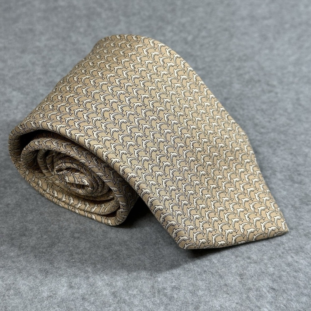 Vintage Brooks Brothers Makers Silk Dolphin Tie Tan Nautical USA  59x3.5in